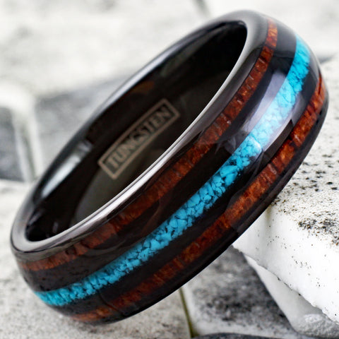 Splendid Polished Black Low Dome Tungsten Ring with Crushed Blue Turquoise Inlay Between Koa Wood Inlays.
