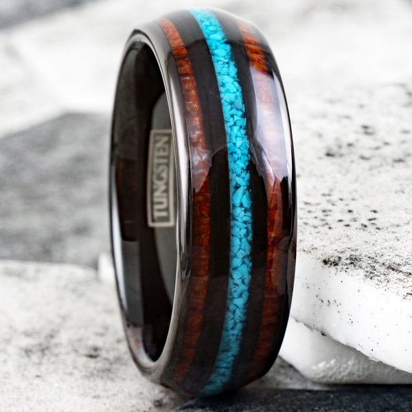 Splendid Polished Black Low Dome Tungsten Ring with Crushed Blue Turquoise Inlay Between Koa Wood Inlays.