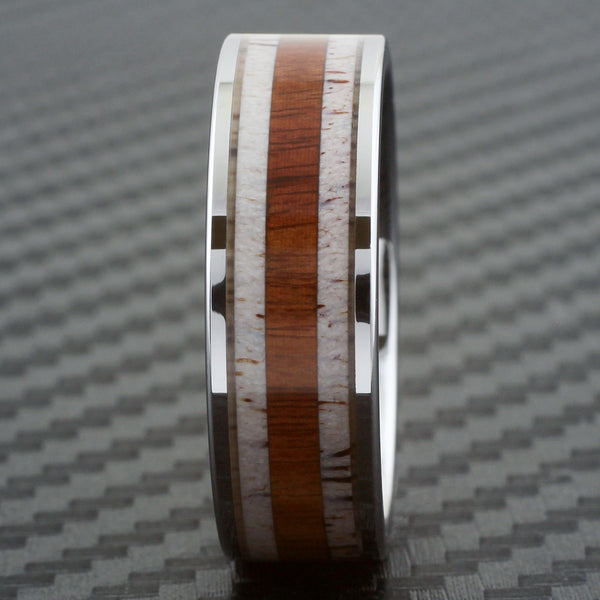 Awesome Mirror Polished Flat Band Tungsten Ring with Sandalwood Inlay Between Deer Antler Inlays.