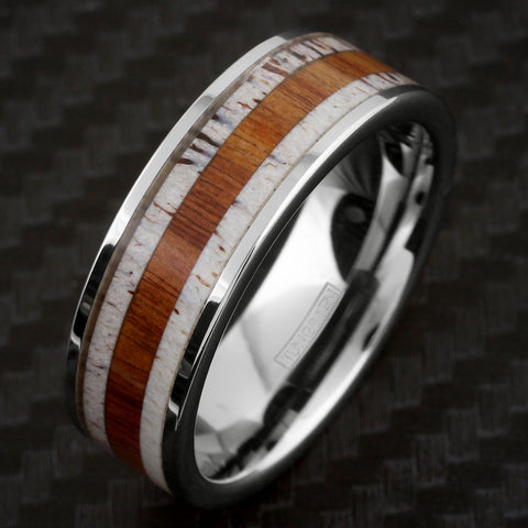 Awesome Mirror Polished Flat Band Tungsten Ring with Sandalwood Inlay Between Deer Antler Inlays.