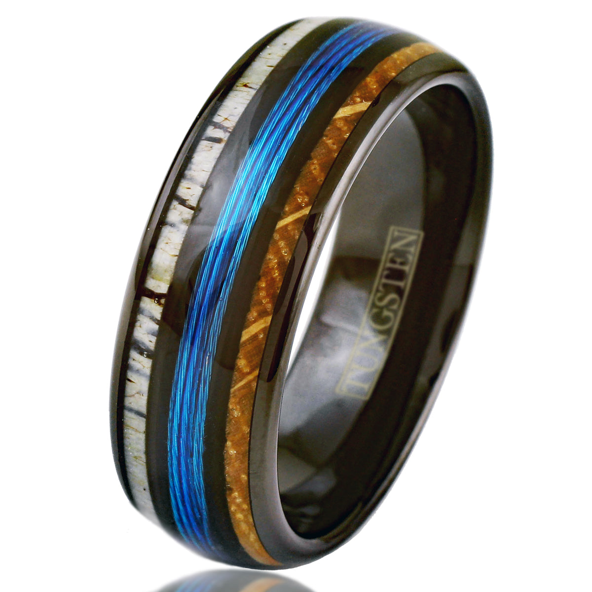 Magnificent Polished Black Tungsten Low Dome Ring with Bright Blue Real Fishing Line Between Whiskey Barrel Oak Wood and Deer Antler Inlays. Couple