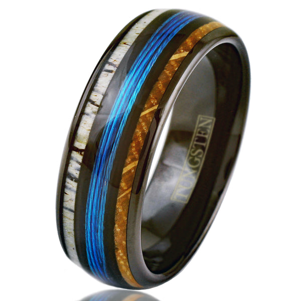 Magnificent Polished Black Tungsten Low Dome Ring with Bright Blue Real Fishing Line Between Whiskey Barrel Oak Wood and Deer Antler Inlays. Couple Ring.