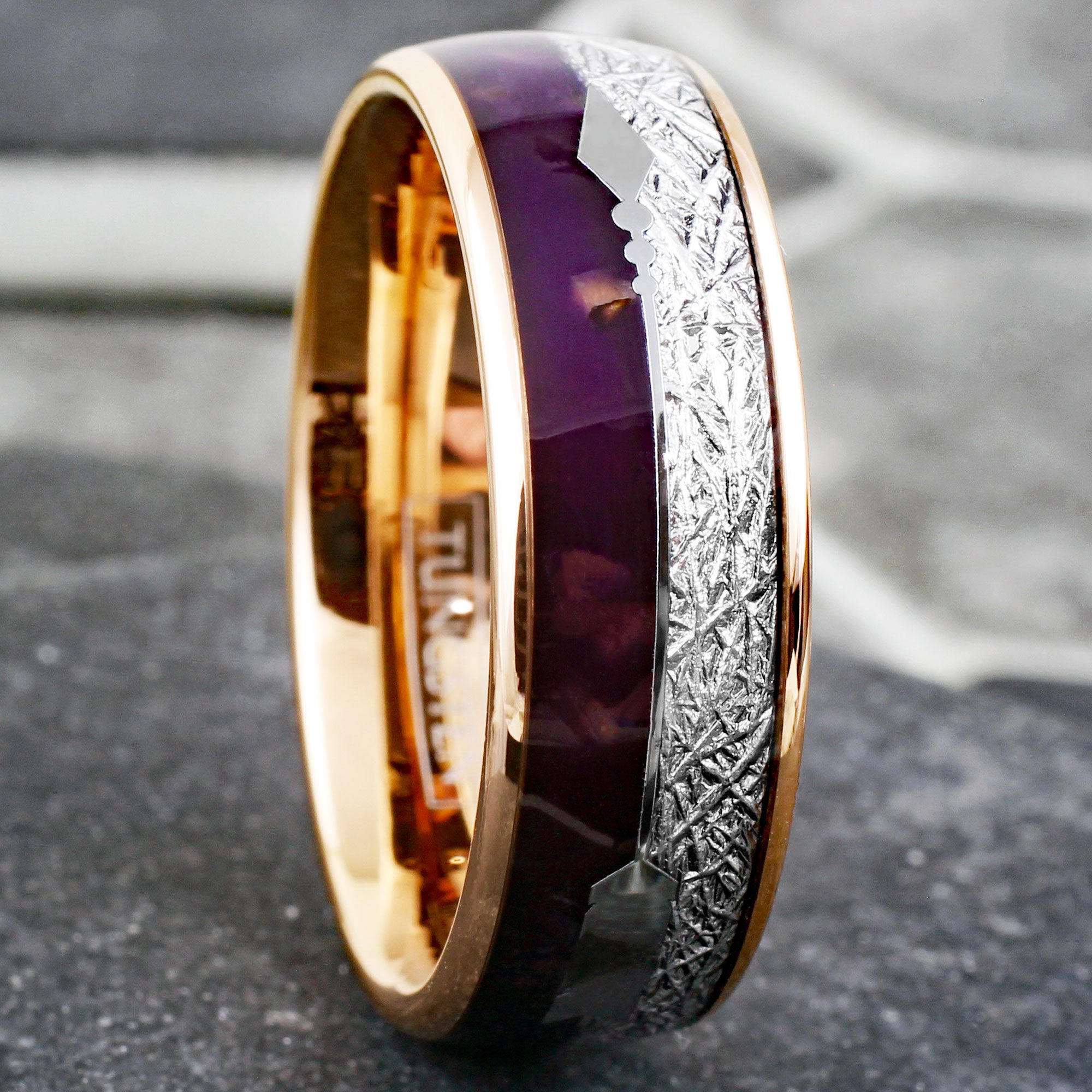 Rose Gold Tungsten Ring w Purple Lapis Lazuli, Meteorite, Silver Arrow -  925Express