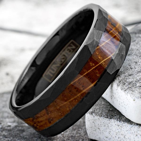 Sophisticated Multi-Faceted Brushed Finish Black Tungsten Band Ring with Charred Whiskey Barrel Oak Wood Inlay.