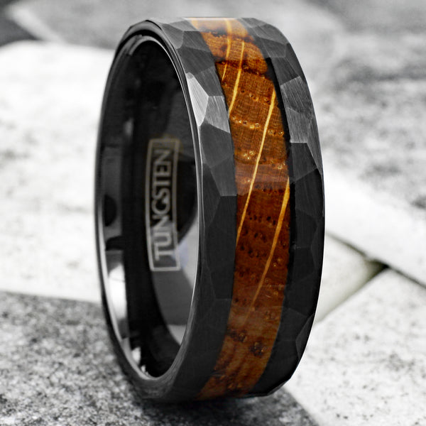 Sophisticated Multi-Faceted Brushed Finish Black Tungsten Band Ring with Charred Whiskey Barrel Oak Wood Inlay.