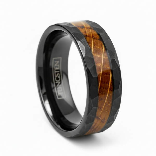 Sophisticated Multi-Faceted Brushed Finish Black Tungsten Band Ring with Charred Whiskey Barrel Oak Wood Inlay.