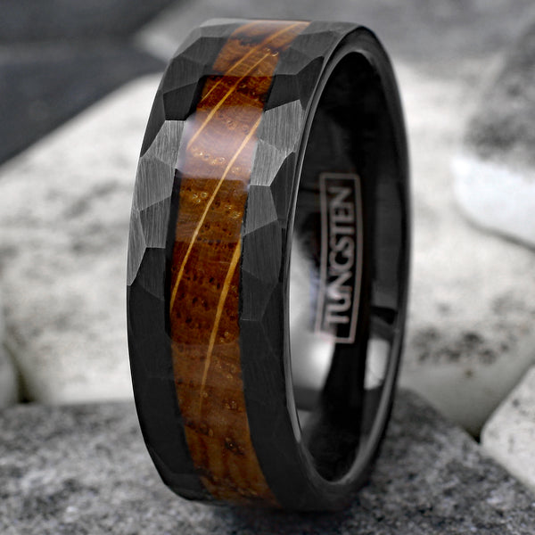 Sophisticated Multi-Faceted Brushed Finish Black Tungsten Band Ring with Charred Whiskey Barrel Oak Wood Inlay.