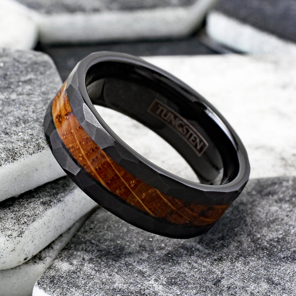 Sophisticated Multi-Faceted Brushed Finish Black Tungsten Band Ring with Charred Whiskey Barrel Oak Wood Inlay.