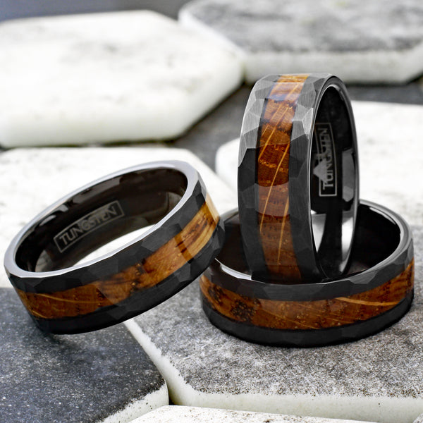 Sophisticated Multi-Faceted Brushed Finish Black Tungsten Band Ring with Charred Whiskey Barrel Oak Wood Inlay.