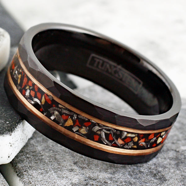 Spectacular Faceted Brushed Finish Black Tungsten Flat Band Ring with Crushed Faux Dinosaur Bone and Black Faux Meteorite Inlay between Rose Gold Stripes.