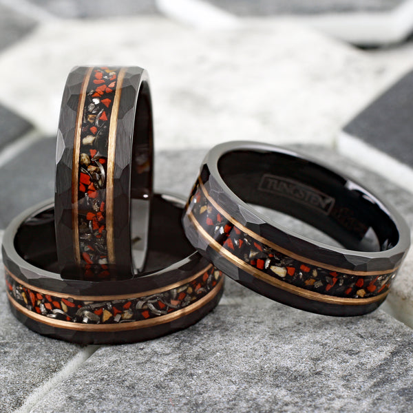 Spectacular Faceted Brushed Finish Black Tungsten Flat Band Ring with Crushed Faux Dinosaur Bone and Black Faux Meteorite Inlay between Rose Gold Stripes.