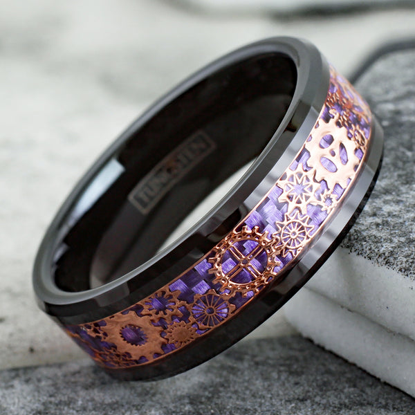 Gorgeous Black Flat Band Tungsten Ring w/ Beveled Edges and Rose Gold Steampunk Clockwork Gears on Spectacular Purple Faux Carbon Fiber Inlay.