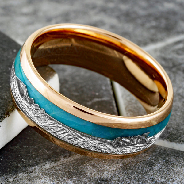 Sparkling Rose Gold Tungsten Low Dome Ring w/ Faux Teal Opal, Faux Meteorite, and Silver Feathered Arrow Inlays.