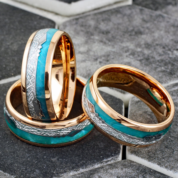 Sparkling Rose Gold Tungsten Low Dome Ring w/ Faux Teal Opal, Faux Meteorite, and Silver Feathered Arrow Inlays.