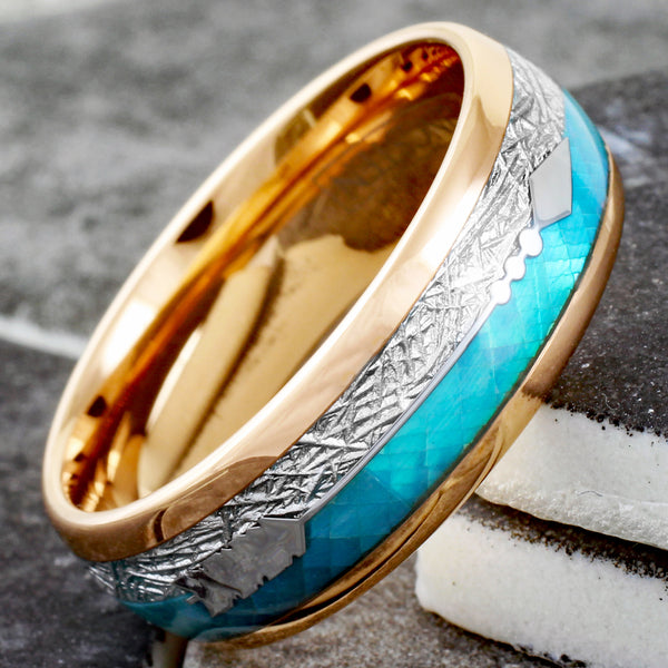 Sparkling Rose Gold Tungsten Low Dome Ring w/ Faux Teal Opal, Faux Meteorite, and Silver Feathered Arrow Inlays.