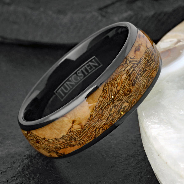 Gorgeous Polished Black Tungsten Low Dome Band Ring with Wood and Golden Sparkles Inlay.