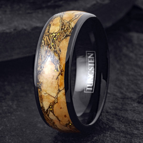 Gorgeous Polished Black Tungsten Low Dome Band Ring with Wood and Golden Sparkles Inlay.