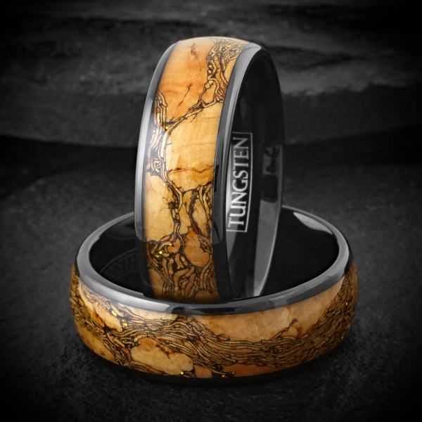 Gorgeous Polished Black Tungsten Low Dome Band Ring with Wood and Golden Sparkles Inlay.