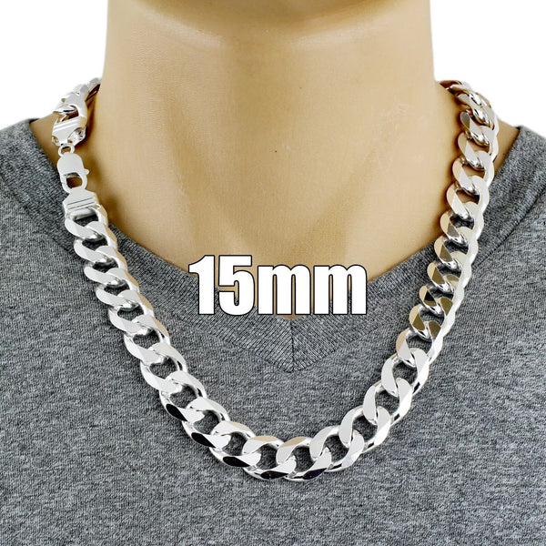 Sterling Silver Cuban Curb Chain Necklace 15mm (Gauge 400). Available in 3 Lengths.