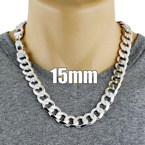 Sterling Silver Cuban Curb Chain Necklace 15mm (Gauge 400). Available in 3 Lengths.