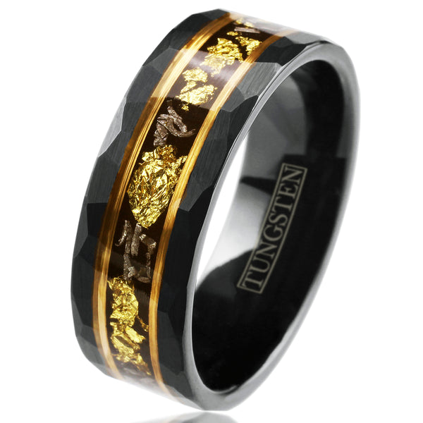Magnificent Faceted Brushed Finish Black Tungsten Flat Band Ring with Gold Leaf and Black Faux Meteorite Inlay between Rose Gold Stripes. Couple Ring