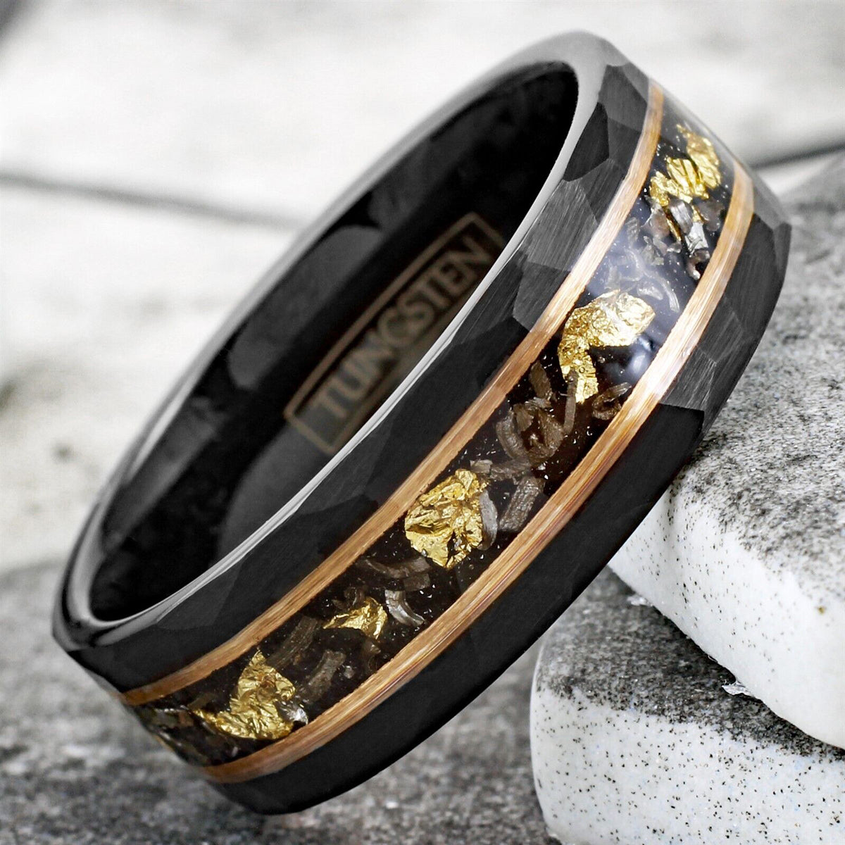 Black Tungsten Band Ring w/ Gold Leaf and Faux Black Meteorite