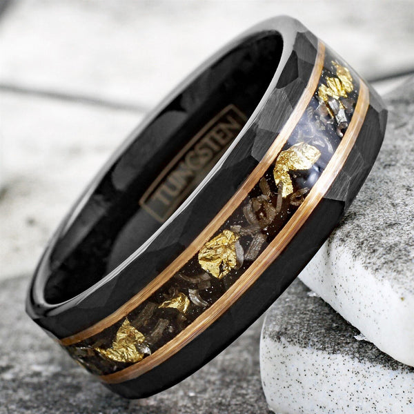 Magnificent Faceted Brushed Finish Black Tungsten Flat Band Ring with Gold Leaf and Black Faux Meteorite Inlay between Rose Gold Stripes. Couple Ring