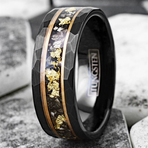 Magnificent Faceted Brushed Finish Black Tungsten Flat Band Ring with Gold Leaf and Black Faux Meteorite Inlay between Rose Gold Stripes. Couple Ring