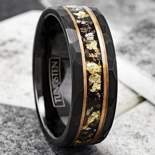 Magnificent Faceted Brushed Finish Black Tungsten Flat Band Ring with Gold Leaf and Black Faux Meteorite Inlay between Rose Gold Stripes. Couple Ring