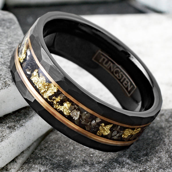 Magnificent Faceted Brushed Finish Black Tungsten Flat Band Ring with Gold Leaf and Black Faux Meteorite Inlay between Rose Gold Stripes. Couple Ring
