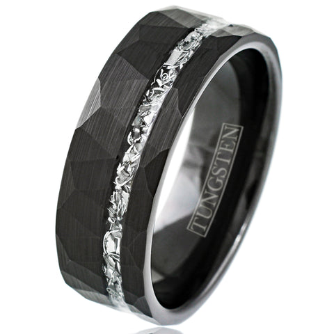 Stylish Multi-Faceted Brushed Finish Black Flat Band Tungsten Ring with Off-Center Asymmetrical Silver Faux Meteorite Inlay.