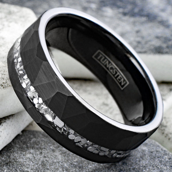 Stylish Multi-Faceted Brushed Finish Black Flat Band Tungsten Ring with Off-Center Asymmetrical Silver Faux Meteorite Inlay.