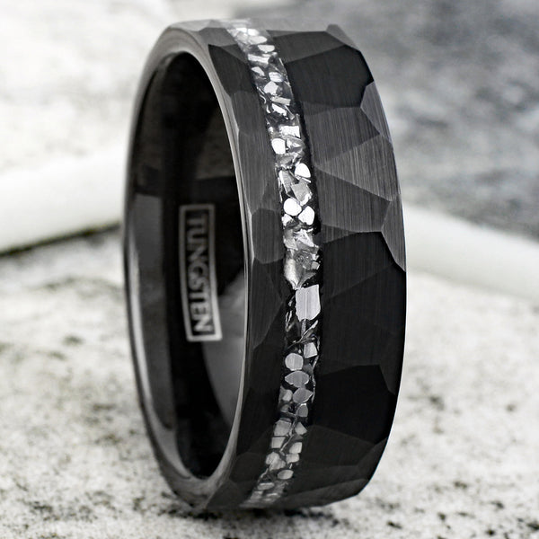 Stylish Multi-Faceted Brushed Finish Black Flat Band Tungsten Ring with Off-Center Asymmetrical Silver Faux Meteorite Inlay.