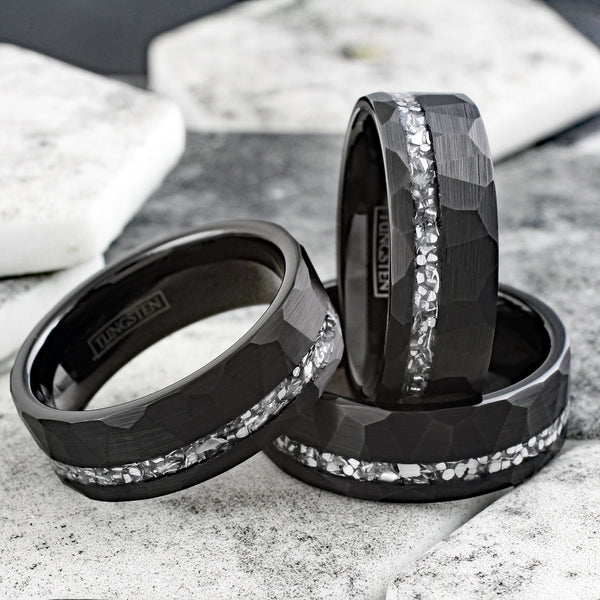 Stylish Multi-Faceted Brushed Finish Black Flat Band Tungsten Ring with Off-Center Asymmetrical Silver Faux Meteorite Inlay.
