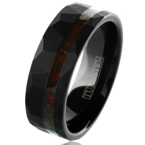 Stunning Multi-Faceted Brushed Finish Black Flat Band Tungsten Ring with Off-Center Asymmetrical Man-Made Red Opal Inlay.