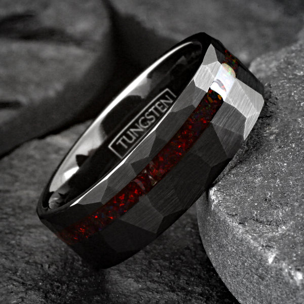 Stunning Multi-Faceted Brushed Finish Black Flat Band Tungsten Ring with Off-Center Asymmetrical Man-Made Red Opal Inlay.