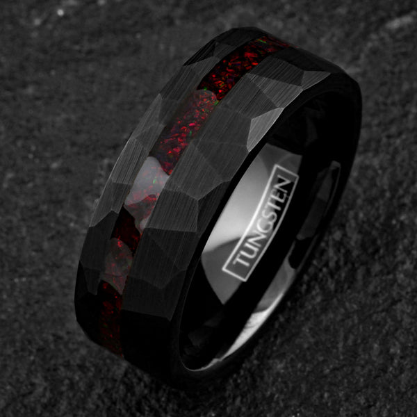 Stunning Multi-Faceted Brushed Finish Black Flat Band Tungsten Ring with Off-Center Asymmetrical Man-Made Red Opal Inlay.