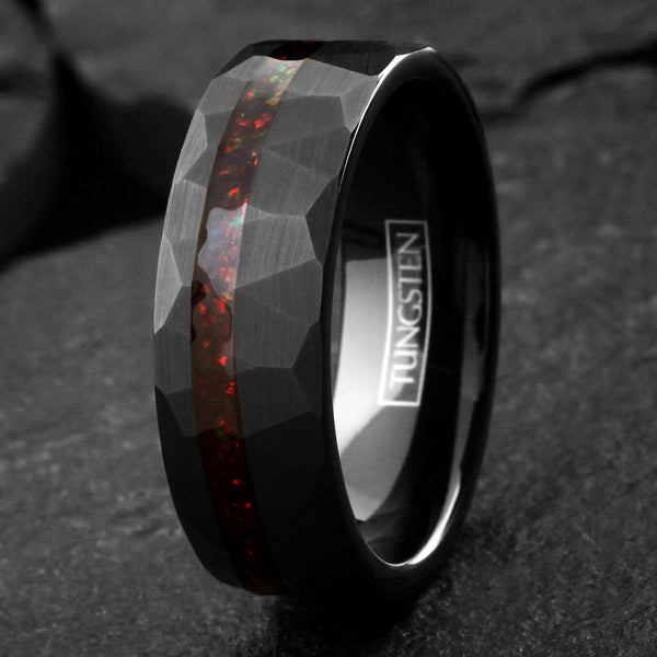 Stunning Multi-Faceted Brushed Finish Black Flat Band Tungsten Ring with Off-Center Asymmetrical Man-Made Red Opal Inlay.