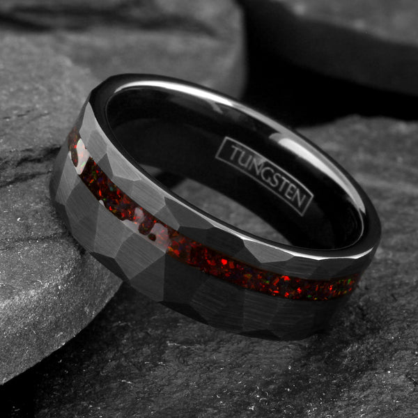 Stunning Multi-Faceted Brushed Finish Black Flat Band Tungsten Ring with Off-Center Asymmetrical Man-Made Red Opal Inlay.