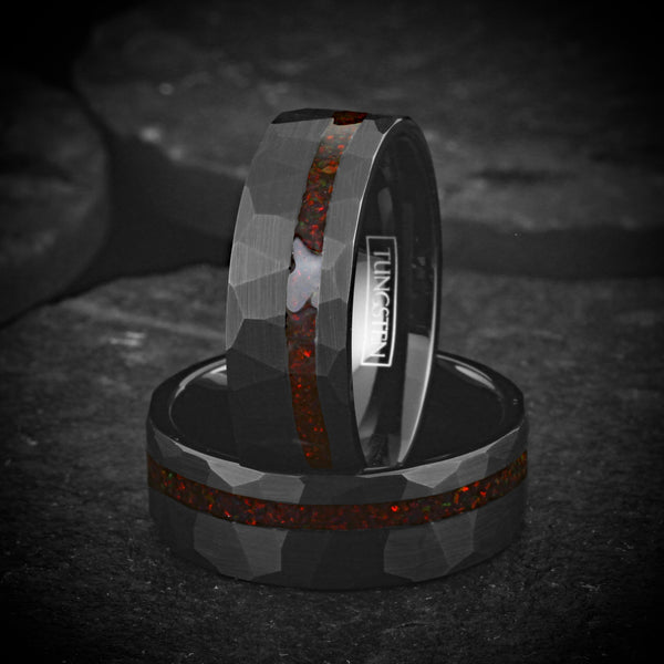 Stunning Multi-Faceted Brushed Finish Black Flat Band Tungsten Ring with Off-Center Asymmetrical Man-Made Red Opal Inlay.