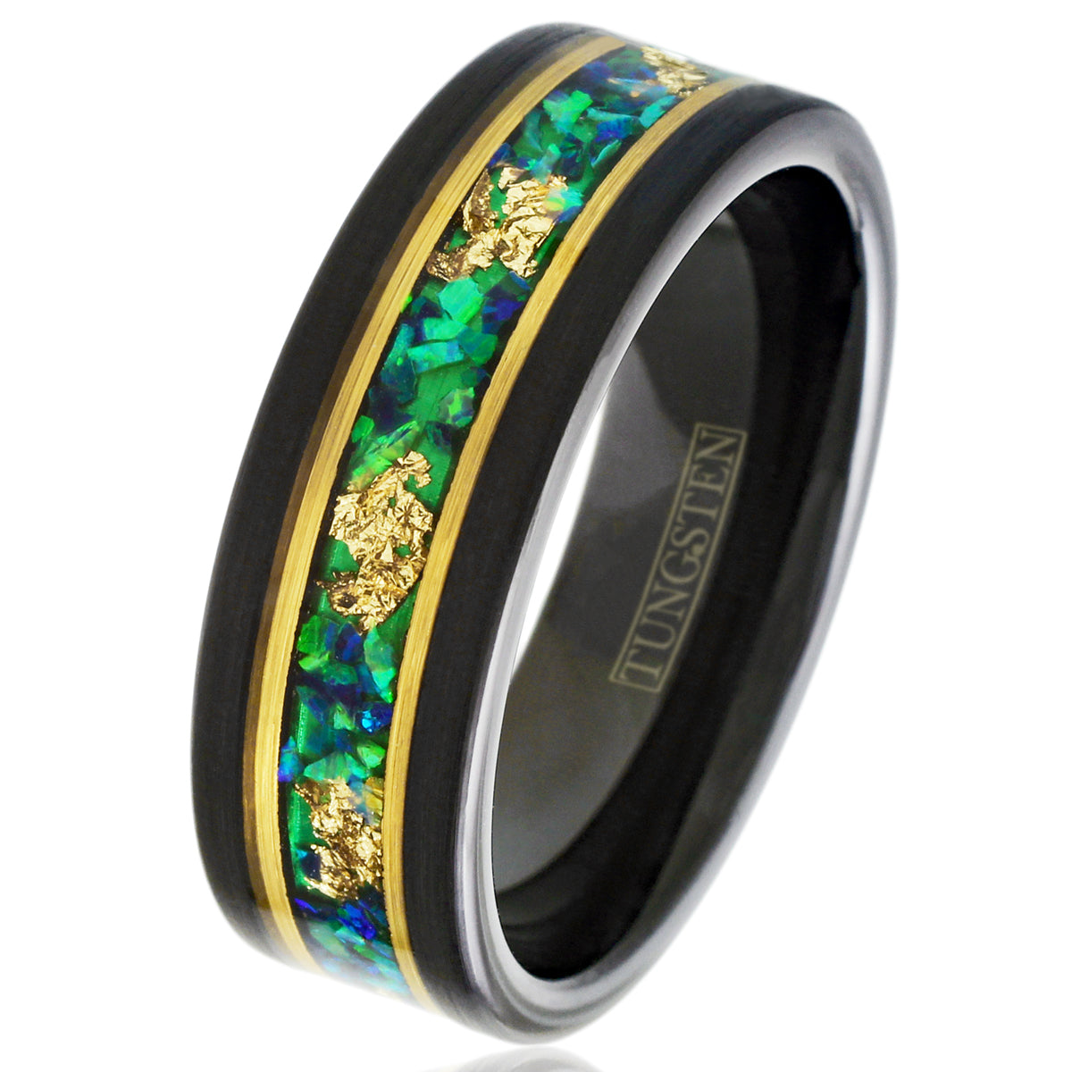 Stunning Faceted Brushed Finish Black Tungsten Flat Band Ring with Gold Leaf and Crushed Green Opal Inlay Between Rose Gold Stripes.