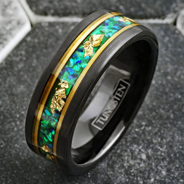 Stunning Faceted Brushed Finish Black Tungsten Flat Band Ring with Gold Leaf and Crushed Green Opal Inlay between Rose Gold Stripes.