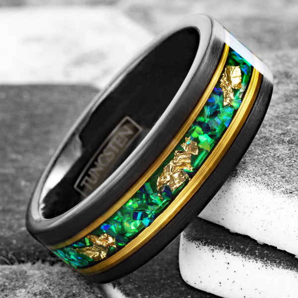 Stunning Faceted Brushed Finish Black Tungsten Flat Band Ring with Gold Leaf and Crushed Green Opal Inlay between Rose Gold Stripes.