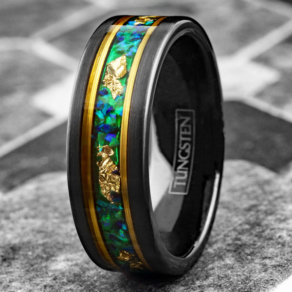 Stunning Faceted Brushed Finish Black Tungsten Flat Band Ring with Gold Leaf and Crushed Green Opal Inlay between Rose Gold Stripes.