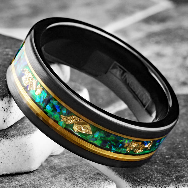 Stunning Faceted Brushed Finish Black Tungsten Flat Band Ring with Gold Leaf and Crushed Green Opal Inlay between Rose Gold Stripes.