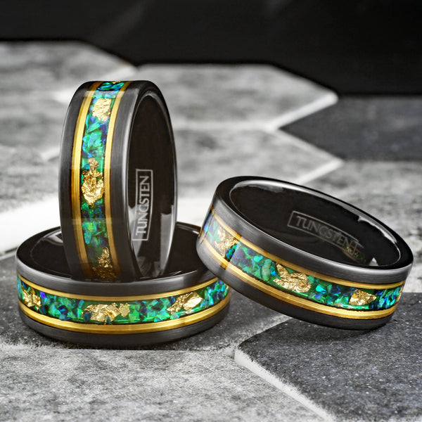 Stunning Faceted Brushed Finish Black Tungsten Flat Band Ring with Gold Leaf and Crushed Green Opal Inlay between Rose Gold Stripes.
