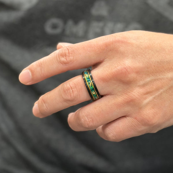 Stunning Faceted Brushed Finish Black Tungsten Flat Band Ring with Gold Leaf and Crushed Green Opal Inlay between Rose Gold Stripes.
