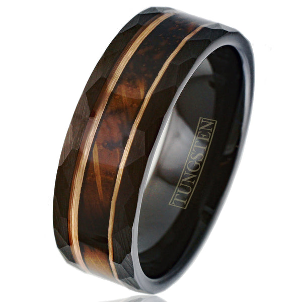 Stunning Faceted Brushed Finish Black Tungsten Flat Band Ring with Charred Whiskey Barrel Oak Wood Inlay between Rose Gold Stripes.