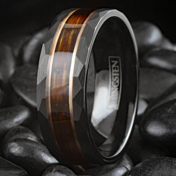 Stunning Faceted Brushed Finish Black Tungsten Flat Band Ring with Charred Whiskey Barrel Oak Wood Inlay between Rose Gold Stripes.