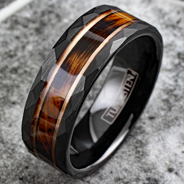 Stunning Faceted Brushed Finish Black Tungsten Flat Band Ring with Charred Whiskey Barrel Oak Wood Inlay between Rose Gold Stripes.